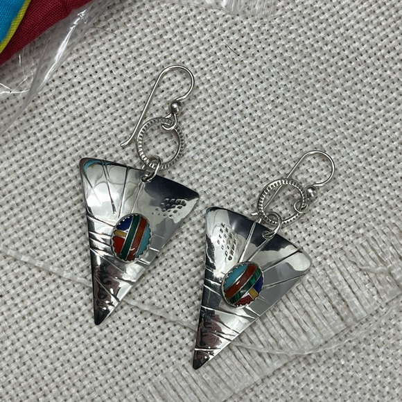 90's Handmade Sterling Silver Sail-Inspired Earrings with Multicolored Inlay - Picture 7 of 17